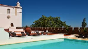 Outdoor pool, pool umbrellas, pool loungers
