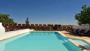 Outdoor pool, pool umbrellas, pool loungers