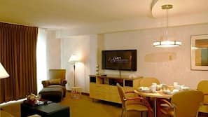 42-inch flat-screen TV with cable channels, DVD player