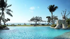 Outdoor pool, open 8:00 AM to 8:00 PM, pool umbrellas, sun loungers