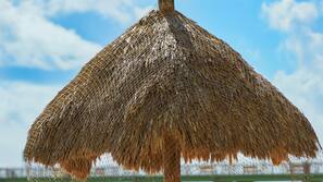 Aan het strand, cabana's (toeslag), ligstoelen aan het strand, parasols
