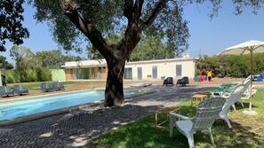 Seasonal outdoor pool, pool loungers