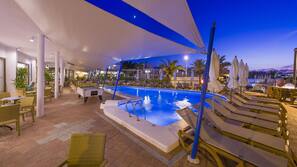 Outdoor pool, pool umbrellas, pool loungers