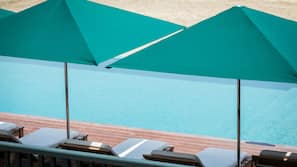 Seasonal outdoor pool, pool loungers