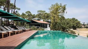 Seasonal outdoor pool, pool loungers