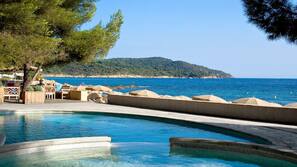 Outdoor pool, pool umbrellas, pool loungers