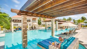 Outdoor pool, pool umbrellas, pool loungers