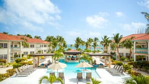 Outdoor pool, pool umbrellas, pool loungers