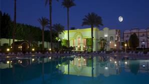Outdoor pool, pool umbrellas, pool loungers