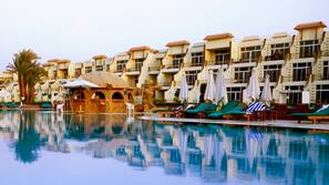 Outdoor pool, pool umbrellas, pool loungers