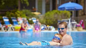 Indoor pool, seasonal outdoor pool, pool umbrellas, sun loungers