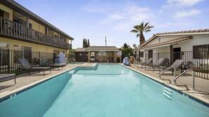 Outdoor pool, pool umbrellas, sun loungers