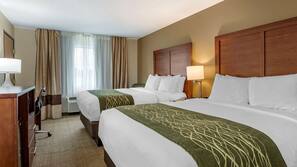 Pillowtop beds, desk, blackout drapes, iron/ironing board