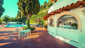 Seasonal outdoor pool, pool umbrellas, pool loungers