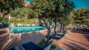 Seasonal outdoor pool, pool umbrellas, pool loungers