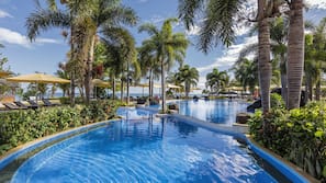 Outdoor pool, open 6:00 AM to 8:00 PM, pool umbrellas, sun loungers