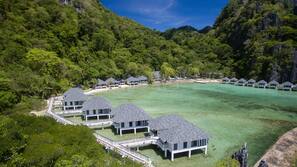 On the beach, sun loungers, beach umbrellas, beach towels