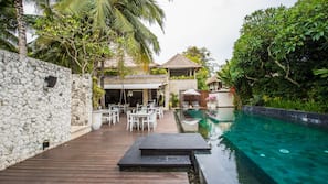 Outdoor pool, pool umbrellas, pool loungers
