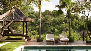 Outdoor pool, pool umbrellas, pool loungers