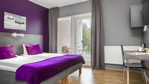 Hypo-allergenic bedding, desk, blackout drapes, iron/ironing board