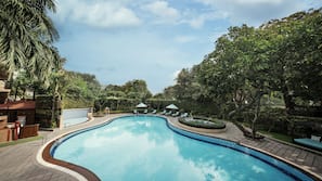 Outdoor pool, pool umbrellas, pool loungers