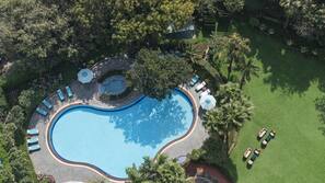 Outdoor pool, pool umbrellas, pool loungers