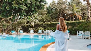 Outdoor pool, pool umbrellas, pool loungers