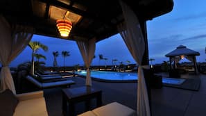 Outdoor pool, pool umbrellas, pool loungers