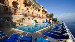 Outdoor pool, pool umbrellas, pool loungers