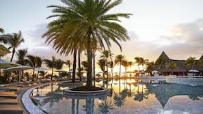 Outdoor pool, pool umbrellas, pool loungers