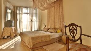 Desk, blackout curtains, linens