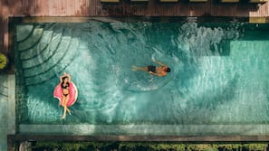 Outdoor pool, pool umbrellas, pool loungers