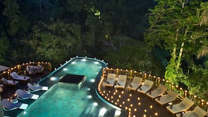 Outdoor pool, pool umbrellas, pool loungers