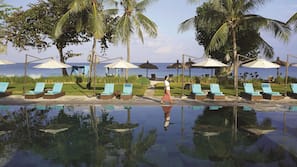 Outdoor pool, pool umbrellas, pool loungers
