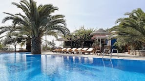 Seasonal outdoor pool, pool umbrellas, pool loungers