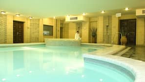Indoor pool, seasonal outdoor pool, pool loungers