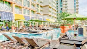 2 indoor pools, outdoor pool, open 8:00 AM to 11:00 PM, pool umbrellas