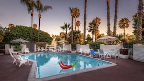 Outdoor pool, pool umbrellas, pool loungers