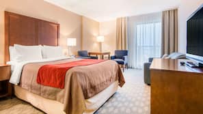 Premium bedding, pillowtop beds, desk, laptop workspace