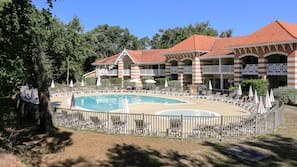 Outdoor pool, pool umbrellas, pool loungers