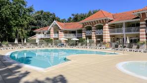 Outdoor pool, pool umbrellas, pool loungers