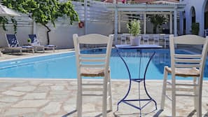 Seasonal outdoor pool, pool umbrellas, pool loungers