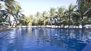 Outdoor pool, open 7 AM to 7 PM, pool umbrellas, sun loungers