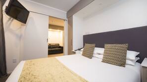 Desk, blackout curtains, soundproofing, iron/ironing board