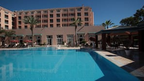 Indoor pool, seasonal outdoor pool, pool umbrellas, sun loungers