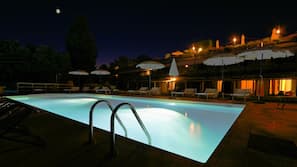 Seasonal outdoor pool, pool umbrellas, pool loungers