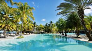 Outdoor pool, pool umbrellas, pool loungers