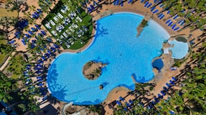 Indoor pool, outdoor pool, pool umbrellas, pool loungers