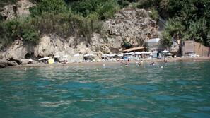Privatstrand, Liegestühle, Sonnenschirme, Strandtücher