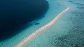 Plage, sable blanc, chaises longues, parasols
